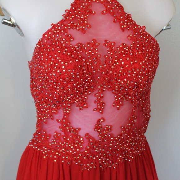 Blondie Nites Red Jeweled Halter Chiffon Dress - Picture 2 of 12